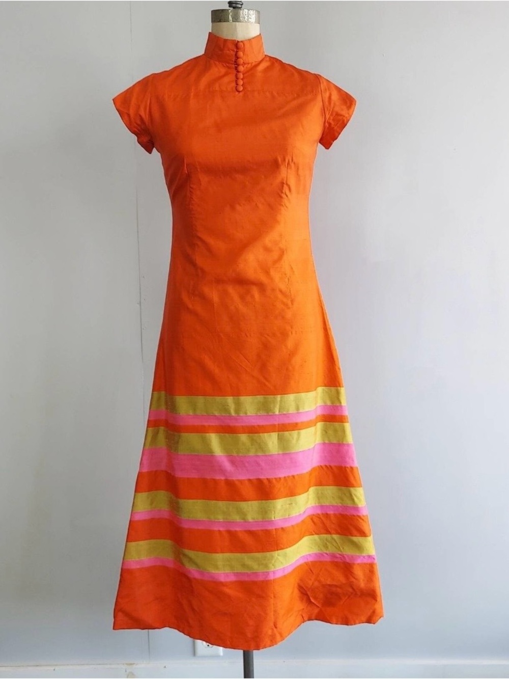 Vintage Cheongam-Style Orange Midi Dress with Pink & Yellow Stripes | size M